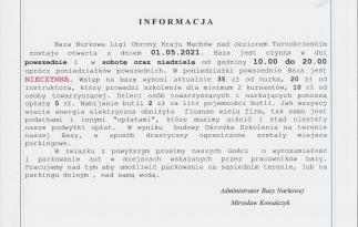 Informacja dot. bazy nurkowej LOK w Tarnobrzegu